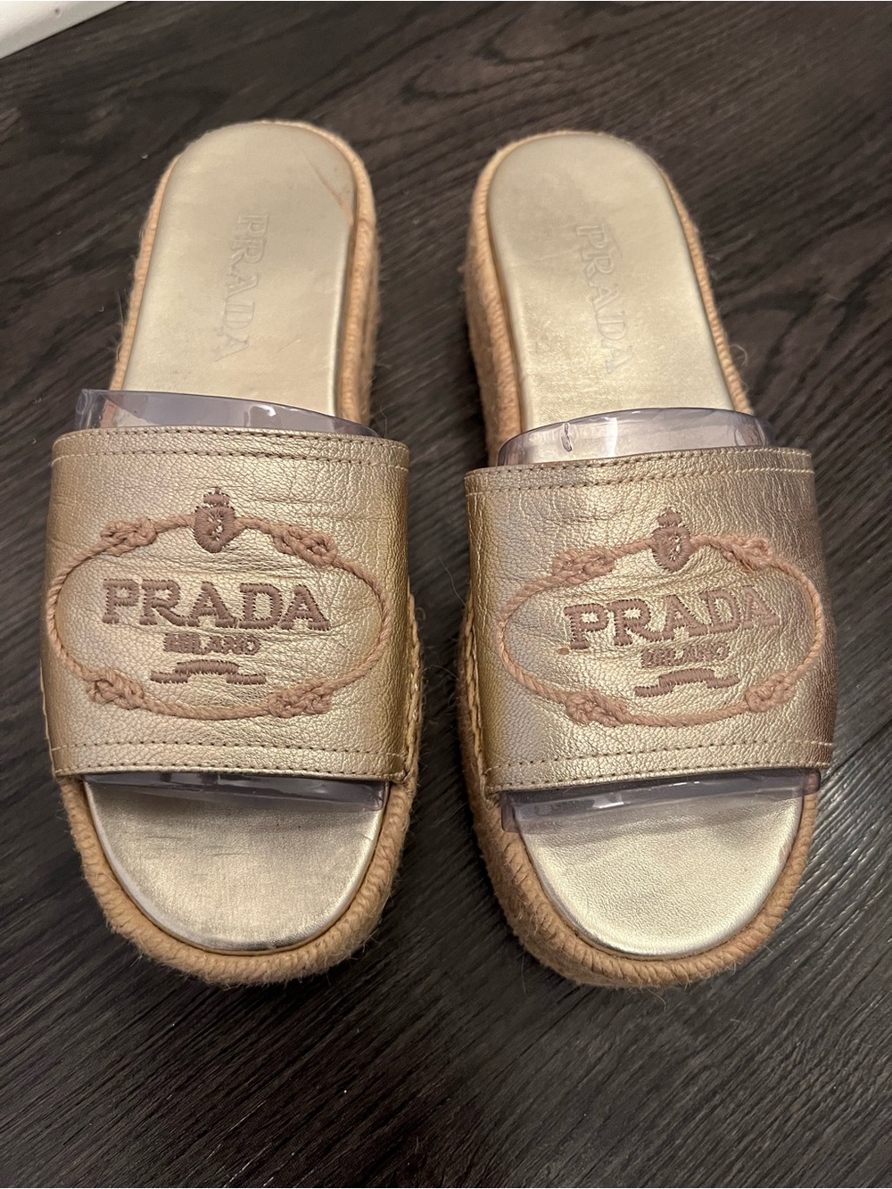 Prada Slide Espadrille Platform Sandals in Metallic Gold size 7.5